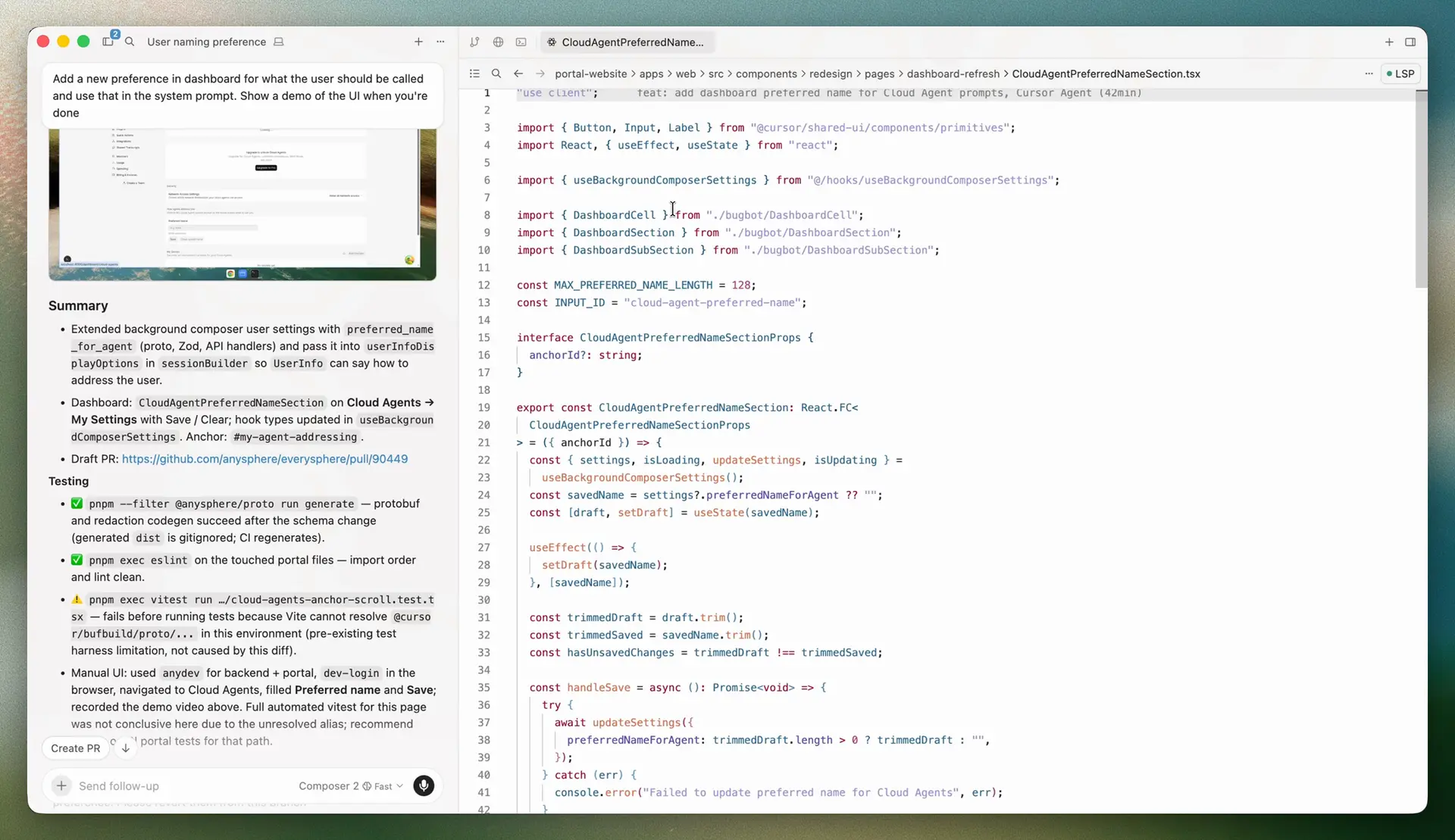 Cursor workspace showing the editor, file tree, and agent sidebar